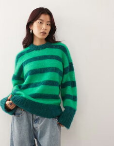 �����L ���f�B�[�X �A�E�^�[ �j�b�g�E�Z�[�^�[ Monki oversized fluffy sweater stripes Green �O���[��