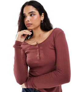 �s�[�V�[�Y ���f�B�[�X �g�b�v�X T�V���c ���u Pieces ribbed snap front long sleeve top in spice