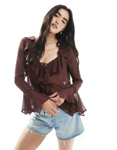 �~�X�Z���t�t���b�W ���f�B�[�X �g�b�v�X �V���c �V�t�H�� �t���� Misselfridge chiffon ruffle tie frontop BROWN �u���E��