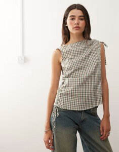 NC Be[W fB[X gbvX Vc Reclaimed Vintage top with adjustable gathers on shoulder and side seam plaid GREENS O[