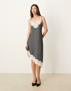 �G�C�\�X ���f�B�[�X �g�b�v�X �����s�[�X �A�V�����g���[ �~�j �T�e�� ���[�X ASOS DESIGN lace bodice cami asymmetric satin mini dress pinstripes Gray Pinstripe �O���[