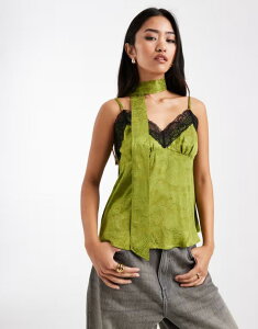 �~�X�Z���t�t���b�W ���f�B�[�X �g�b�v�X �V���c ���[�X Misselfridge jacquard and lace cami with scarf GREEN �O���[��