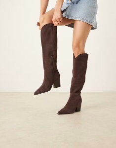 �A���h ���f�B�[�X �V���[�Y �u�[�c�E���C���u�[�c ���C�h���b�O �X�G�[�h ALDO Kaely Wide Leg western detail knee high boots in suede chocolate Dark brown �u���E��