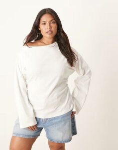 �G�C�\�X ���f�B�[�X �g�b�v�X T�V���c �I�t�V�����_�[ ASOS Curve ASOS DESIGN Curve long sleeve off-shoulder corset waistee in cream Coconut milk �N���[��