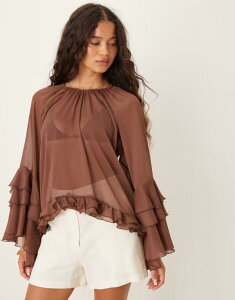 �G�C�\�X ���f�B�[�X �g�b�v�X �V���c �V�t�H�� �t���� �u���E�X ASOS DESIGN chiffon ruffle longline blouse in chocolate �`���R���[�g