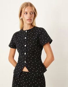 �G�C�\�X ���f�B�[�X �g�b�v�X �V���c �h�b�g �~�j �f�j�� ASOS DESIGN denim button up short sleeve top in mini polka dots Black and white spot �z���C�g