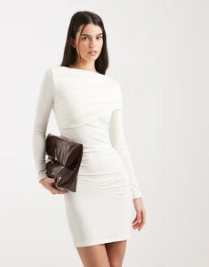 �t�H�[�X&���b�N���X ���f�B�[�X �g�b�v�X �����s�[�X �h���[�v �~�j 4th & Reckless double layered slinky drape waist detail slash neck mini dress in cream �N���[��