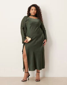 �G�C�\�X ���f�B�[�X �g�b�v�X �����s�[�X V�l�b�N �}�L�V ASOS Curve ASOS DESIGN Curve v neck scarf detailong sleeve maxi dress in dark green �O���[��