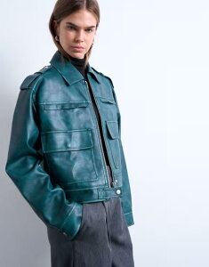�g�b�v�V���b�v ���f�B�[�X �A�E�^�[ �W���P�b�g�E�u���]�� ���U�[ �t�F�C�N���U�[ Topshop faux leather heavy washed zip up jacket in teal �e�B�[��