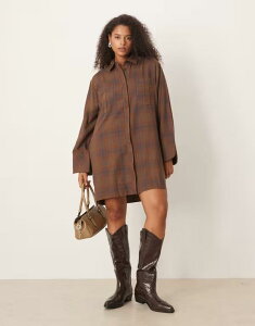 �G�C�\�X ���f�B�[�X �g�b�v�X �����s�[�X �~�j �V���c ASOS Curve ASOS DESIGN Curve mini shirt dress with wide cuffs and oversized pockets plaid Brown Check �u���E��