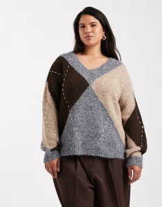 ���F�����[�_ ���f�B�[�X �A�E�^�[ �j�b�g�E�Z�[�^�[ Vero Moda Curve oversized argyle knit sweater in medium gray melange Medium gray melange �O���[