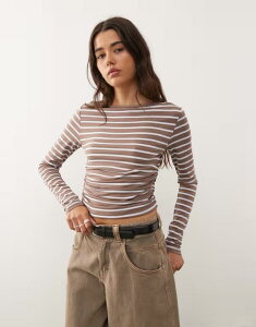 ���N���C�� ���B���e�[�W ���f�B�[�X �g�b�v�X �V���c �E�G�X�g�}�[�N Reclaimed Vintage slash neck cinched waist long sleeve T-shirt with ruching detail stripe Brown stripe �u���E��