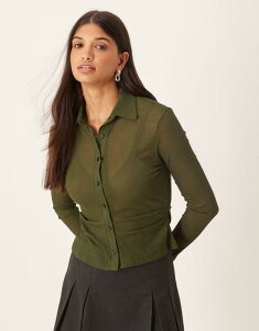 �G�C�\�X ���f�B�[�X �g�b�v�X T�V���c �M���U�[ �V�A�[ ASOS DESIGN sheeributton through long sleeve with ruchedetail in olive �I���[�u