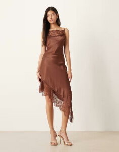 �G�C�\�X ���f�B�[�X �g�b�v�X �����s�[�X �A�V�����g���[ �~�j �T�e�� ���[�X ASOS DESIGN cami lace detail asymmetric satin mini dress in chocolate BROWN �u���E��