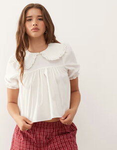 �R���[�W���� ���f�B�[�X �g�b�v�X �V���c ���[�X�g���� �u���E�X ���[�X COLLUSION smock blouse with lace trim collar detail WHITE �z���C�g