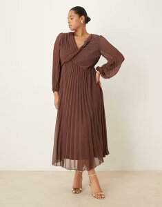 �G�C�\�X ���f�B�[�X �g�b�v�X �����s�[�X �v���[�c �~�f�B ASOS Curve ASOS DESIGN Curve twist detail wrap front pleated midi dress in chocolate �`���R���[�g