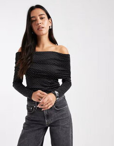 �~�X�Z���t�t���b�W ���f�B�[�X �g�b�v�X �V���c Misselfridge rhinestone off the shoulder top Black �u���b�N