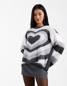 �s�[�V�[�Y ���f�B�[�X �A�E�^�[ �j�b�g�E�Z�[�^�[ �v�����g Pieces oversized love heart print sweater andark Gray Melange �O���[