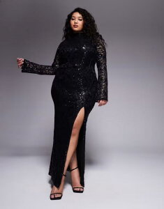 �G�C�\�X ���f�B�[�X �g�b�v�X �����s�[�X ���[�X �}�L�V ASOS Curve ASOS DESIGN Curvembellished lace long sleeve maxi dress with slit Black �u���b�N