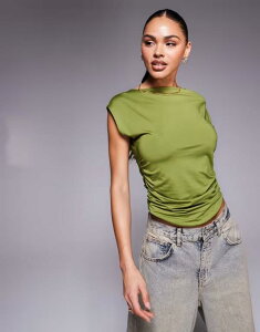�G�C�\�X ���f�B�[�X �g�b�v�X �V���c �M���U�[ ASOS DESIGN double layeruched side top in slinky Khaki �J�[�L