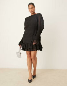 �G�C�\�X ���f�B�[�X �g�b�v�X �����s�[�X �~�j ASOS Curve ASOS DESIGN Curve slash neck dropped waist mini dress with shirred sleeves Black �u���b�N