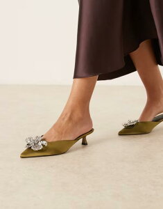�G�C�\�X ���f�B�[�X �V���[�Y �T���_�� �T�e�� �q�[�� ASOS DESIGN Savvy flower detail mid heel mules in olive satin GREEN �O���[��