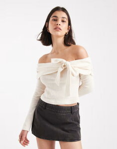 �~�X�Z���t�t���b�W ���f�B�[�X �g�b�v�X �V���c ���u Misselfridge ribbed bardot with bow detail in cream �N���[��