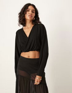 �G�C�\�X ���f�B�[�X �g�b�v�X �V���c ASOS DESIGN wrap front long sleeve batwing top Black �u���b�N