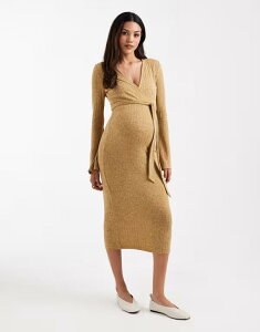 �}�}���C�V�A�X ���f�B�[�X �g�b�v�X �����s�[�X ���u�j�b�g �~�f�B �j�b�g �}�^�j�e�B Mama.licious Mamalicious Maternity rib knit nursing friendly wrap front midi dress in heathered yellow Dried tobacco �C�G���[