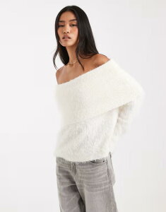 �~�X�Z���t�t���b�W ���f�B�[�X �A�E�^�[ �j�b�g�E�Z�[�^�[ Misselfridge foldover eyelash knit off the shoulder sweater in cream �N���[��