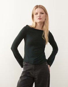�E�B�[�N�f�C ���f�B�[�X �g�b�v�X T�V���c Weekday Annie soft boat neck long sleeve top in forest green stripe - Exclusive to ASOS Forest Green �O���[��