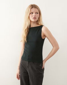 �E�B�[�N�f�C ���f�B�[�X �g�b�v�X T�V���c �m�[�X���[�u Weekday Annie soft boat neck sleeveless top in forest green stripe - Exclusive to ASOS Forest Green �O���[��