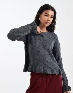 �G�C�\�X ���f�B�[�X �A�E�^�[ �j�b�g�E�Z�[�^�[ �t������ �t���� ASOS DESIGN knit ruffle hem sweater Gray �O���[