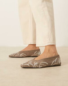 �G�C�\�X ���f�B�[�X �V���[�Y �p���v�X �h�J ASOS DESIGN Lupin premium embroidered chisel toe ballet flats in olive Green suede �O���[��