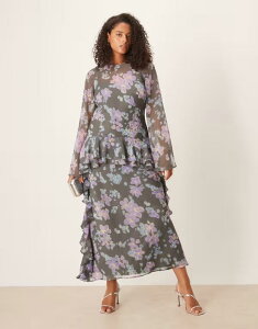 �G�C�\�X ���f�B�[�X �g�b�v�X �����s�[�X �V�t�H�� �t�����[�� �}�L�V �t�����[ ASOS Curve ASOS DESIGN Curve long sleeve frill hem chiffon maxi dress floral Blue floral �u���[