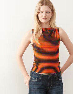 �E�B�[�N�f�C ���f�B�[�X �g�b�v�X T�V���c �m�[�X���[�u Weekday Annie soft boat neck sleeveless top and orange stripes - exclusive to ASOS Brown & Orange �I�����W