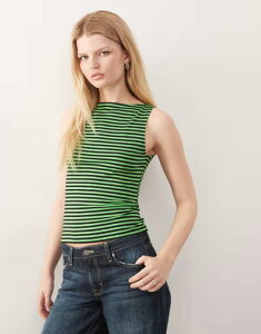 �E�B�[�N�f�C ���f�B�[�X �g�b�v�X T�V���c �m�[�X���[�u Weekday Annie soft boat neck sleeveless top and green stripes - exclusive to ASOS Black & green �u���b�N