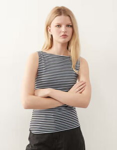 �E�B�[�N�f�C ���f�B�[�X �g�b�v�X T�V���c �m�[�X���[�u Weekday Annie soft boat neck sleeveless top in chocolate brown and light blue stripe - Exclusive to ASOS Brown & blue �u���[