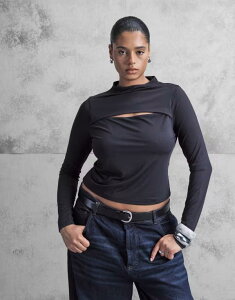 �G�C�\�X ���f�B�[�X �g�b�v�X �V���c �J�b�g�A�E�g ASOS Curve ASOS DESIGN Curve slinky long sleeve top with cut out detail Black �u���b�N