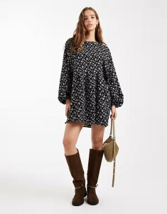 �f�C�W�[�X�g���[�g ���f�B�[�X �g�b�v�X �����s�[�X �t�����[�� �~�j �t�����[ Daisy Street long sleeve smock mini dress ditsy floral Black floral �u���b�N