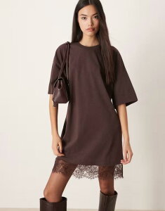 �G�C�\�X ���f�B�[�X �g�b�v�X �����s�[�X �~�j ���[�X ASOS DESIGN oversized mini dress with lace hem trim in chocolate BROWN �u���E��