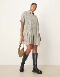 �G�C�\�X ���f�B�[�X �g�b�v�X �����s�[�X �~�j �V���c ASOS Curve ASOS DESIGN Curve boxy mini shirt dress with dropped waist and white plaid Mono check �`�F�b�N