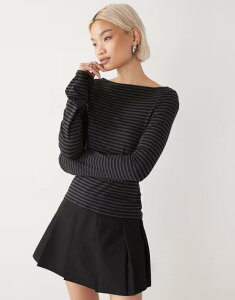 �E�B�[�N�f�C ���f�B�[�X �g�b�v�X T�V���c Weekday Annie super soft boat neck long sleeve top in dark gray & black stripes Gray & black �u���b�N