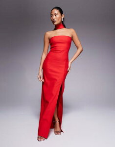 �x�X�p�[ ���f�B�[�X �g�b�v�X �����s�[�X �v�` �}�L�V Vesper Petite bengaline choker neck detail bandeau side split maxi dress RED ���b�h
