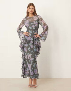 �G�C�\�X ���f�B�[�X �g�b�v�X �����s�[�X �V�t�H�� �t�����[�� �}�L�V �t�����[ ASOS DESIGN long sleeve frill hem chiffon maxi dress floral Blue floral �u���[