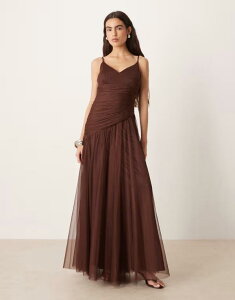 ���[�X �A���h �r�[�Y ���f�B�[�X �g�b�v�X �����s�[�X �`���[�� �A�V�����g���[ �}�L�V Lace & Beads tulle asymmetric drop waist maxi dress in chocolate Brown �u���E��
