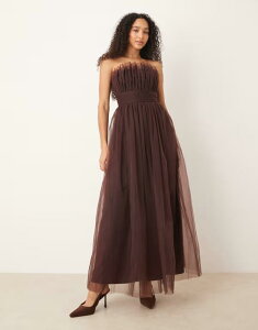 ���[�X �A���h �r�[�Y ���f�B�[�X �g�b�v�X �����s�[�X �`���[�� �}�L�V Lace & Beads tulle waistbandeau maxi dress in chocolate plum BROWN �u���E��