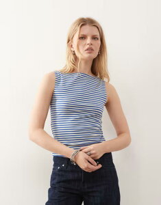 �E�B�[�N�f�C ���f�B�[�X �g�b�v�X T�V���c �m�[�X���[�u Weekday Annie soft boat neck sleeveless top and buttermilk yellow stripexclusive to ASOS Blue & Buttermilk �u���[