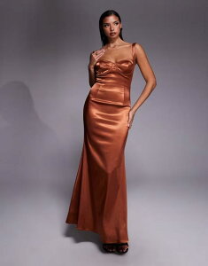 �e�B�G�t�G�k�V�[ ���f�B�[�X �g�b�v�X �����s�[�X �T�e�� �}�L�V TFNC Selma satin sweetheart neck cup detail maxi dress in rust ���X�g
