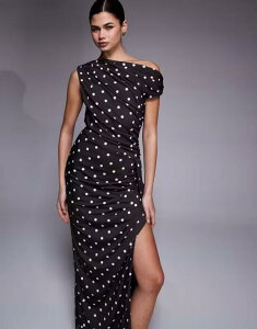 �e�B�G�t�G�k�V�[ ���f�B�[�X �g�b�v�X �����s�[�X �h�b�g�� �h�b�g �I�t�V�����_�[ �}�L�V TFNC one off-shoulder maxi dress in chocolate polka dot CHOCOLATE POLKA �`���R���[�g